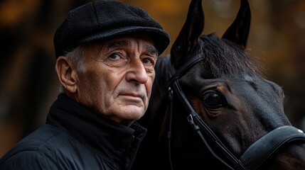 An elderly male jockey dressed in black tight-fitting clothing stands next to his horse in an autumn landscape. Both exhibit a calm demeanor, ready for the next race.