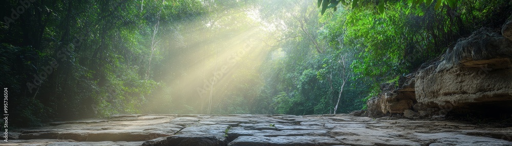 Sticker sunlight beams through dense foliage, illuminating a path leading into a mysterious forest.