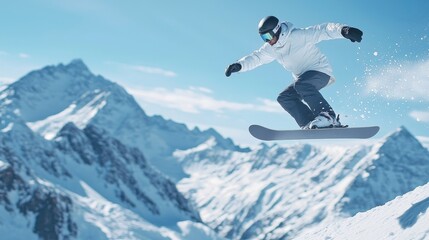 Male snowboarder in white performing a high jump against snowy peaks and blue sky, capturing the thrill of extreme winter sports.