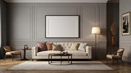 Living room interior with sofa, plant and blank poster. 3d render