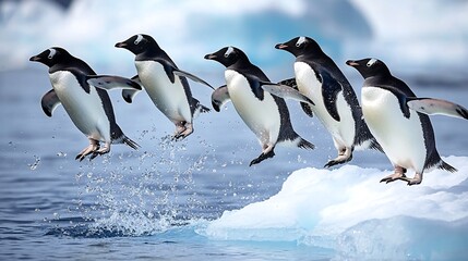Obraz premium A group of five penguins jump off of an iceberg into the cold water.