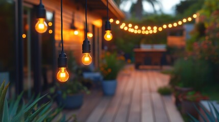 A beautiful walkway is adorned with dangling LED lights of varying lengths, creating a magical atmosphere under the night sky, illuminating the path below.