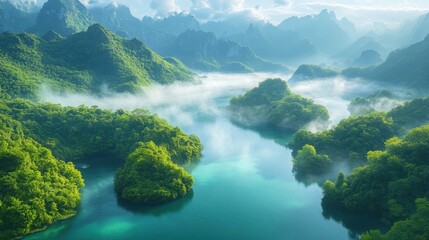 As dawn breaks, mist blankets the tranquil landscape of green mountains in China. Winding rivers flow gracefully at their feet, illuminated by soft sunlight.