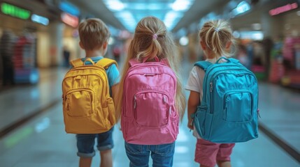 Children at the train station waiting for their journey, spotting new adventures with colorful backpacks and sun hats