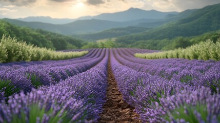 Fototapeta premium Vibrant Lavender Field in Full Bloom Stretching into the Distance