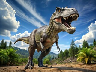 A formidable large theropod dinosaur dominated the ancient landscape, its prominent brow ridges and...