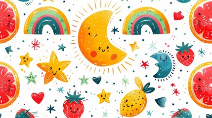 Vector summer seamless pattern with cute colorful hand drawn elements in bright rainbow colors for kids textile, packaging, wrapping paper, wallpaper