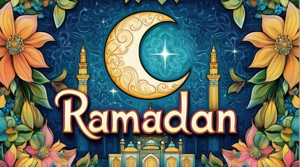 Detailed, colorful 3D stained glass illustration featuring the moon with an Islamic pattern, a mosque in the background, and the word "Ramadan" in large letters