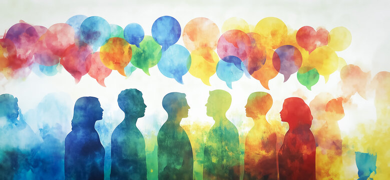 An abstract watercolor-style illustration of a diverse group of silhouetted people communicating with multicolored speech bubbles.