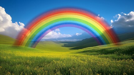 A vibrant rainbow arcs over a lush green valley filled with yellow flowers under a bright blue sky with fluffy clouds