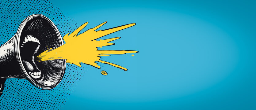 Creative pop art style composition featuring a megaphone with vivid yellow sound waves on a dotted blue background, ideal for artistic promotions or campaign visuals.