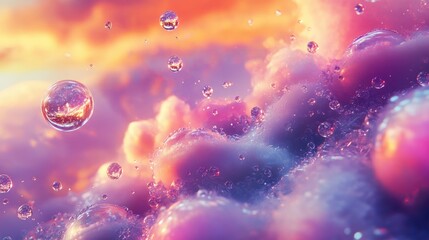 Naklejka premium Water droplets suspended beneath clouds in a futuristic landscape, with vibrant glowing colors and intricate digital background design