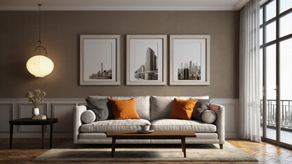 Living room interior with sofa, plant and blank poster. 3d render
