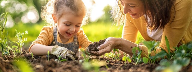 Naklejka premium mother and child are planting flowers in the flowerbed. Selective focus