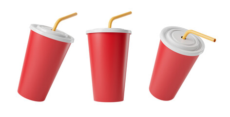 Three red disposable cups with straws. Isolated on white background. 3D Rendering. Beverage packaging design concept