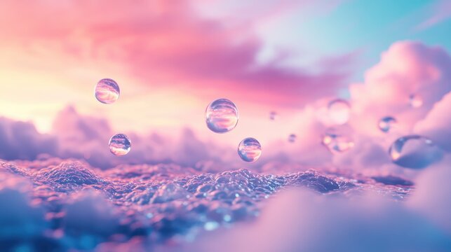 Water drops under soft clouds, floating in a futuristic environment with glowing details and abstract backgrounds, creating a mesmerizing scene