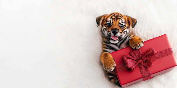 Cucciolo di tigra con un pacco regalo.