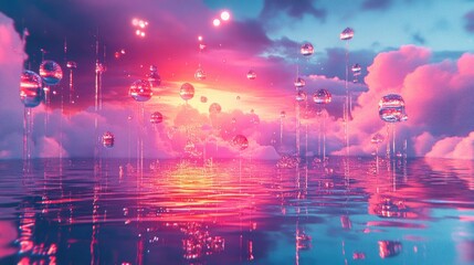 A beautiful image of water droplets beneath clouds, captured in a futuristic setting with neon colors and abstract digital designs