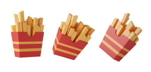 Three red boxes of French fries in a 3D rendering style. Isolated on white background. representing a fast food concept