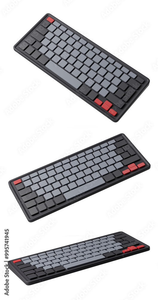 Poster three views of a mechanical keyboard with gray and red keycaps . isolated on white background. conce