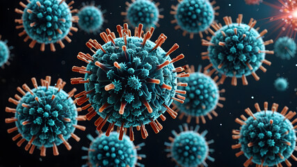 Coronavirus disease COVID-19 infection illustration. Influenza covid virus cells. New XEC Covid-19 close up. Generative AI.