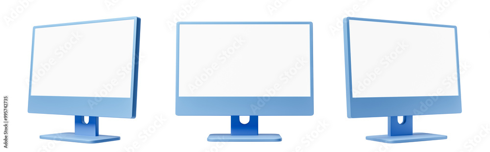 Poster three blue computer monitors with blank screens. displayed in a row . isolated on white background. 