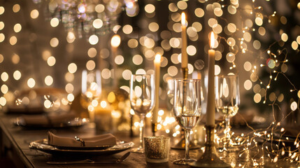 A beautifully arranged dinner table adorned with sparkling candles and twinkling lights creates warm and inviting atmosphere for festive gathering. elegant glassware and decorative elements enhance ce
