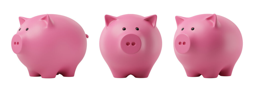 Pink piggy banks shown from different angles. Isolated on white background. Concept of savings and finance. 3D Rendering