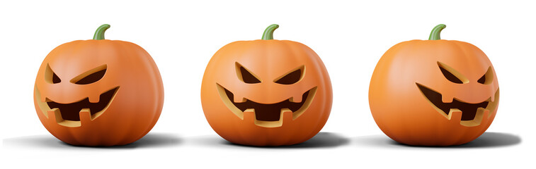 Three carved pumpkin lanterns with menacing expressions. Isolated on white background. Halloween decoration concept. 3D Rendering