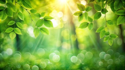 Beautiful green natural background with bokeh lights and sunbeams shining through fresh leaves