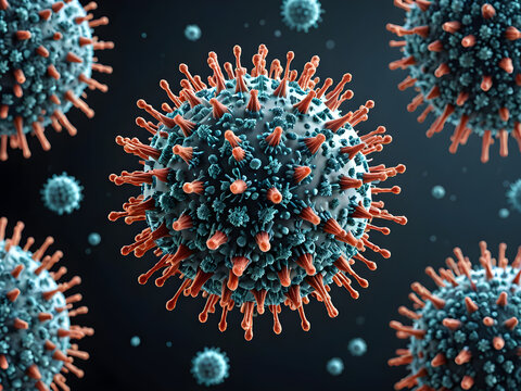 Coronavirus disease COVID-19 infection illustration. Influenza covid virus cells. New XEC Covid-19 close up. Generative AI.