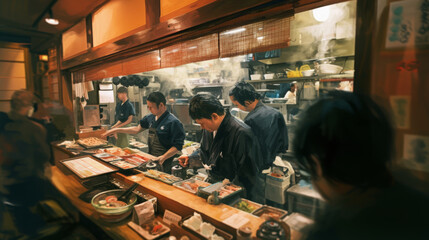 Fototapeta premium A bustling restaurant kitchen filled with chefs preparing various dishes, steam rising from cooking area, creating warm and inviting atmosphere. scene captures essence of culinary artistry and teamwor