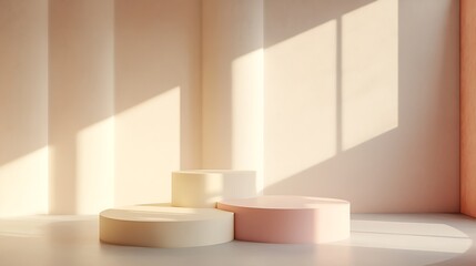 Modern Abstract Geometric Stages with Pastel and Neon Lighting for Minimalist Artistic and Futuristic Set Design Featuring Circular Platforms, Soft Shadows, and Vibrant Colors in Contemporary Spaces