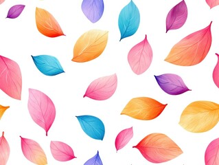 Obraz premium Colorful watercolor leaves scattered on a white background.