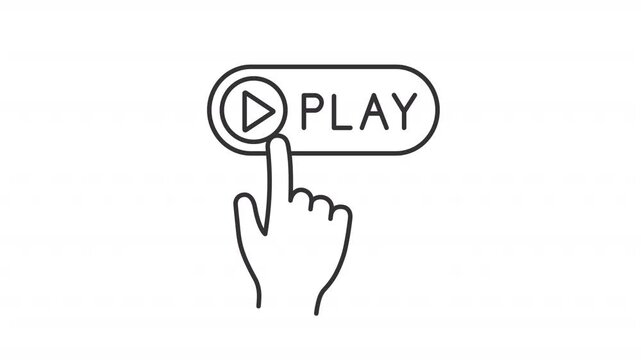 Pressing play line animation. Video player button animated icon. Moving hand. Multimedia software. Black illustration on white background. HD video with alpha channel. Motion graphic