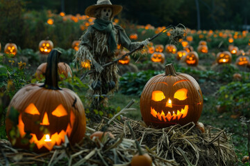 A spooky Halloween scene featuring glowing jack o lanterns in pumpkin patch, with scarecrow in background. atmosphere is festive yet eerie, perfect for season