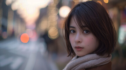 Fototapeta premium young woman with short, dark hair gazes thoughtfully at camera, set against softly blurred urban background filled with warm lights. scene captures serene moment in bustling city