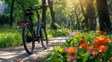 Bicycle in the Park Surrounded by Blooming Flowers