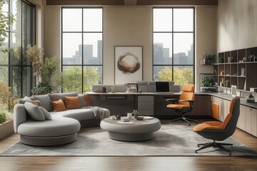 adaptive workspace dynamic open office with modular furniture and adjustable settings collaborative zones privacy pods and ergonomic designs create a flexible productivityenhancing environment