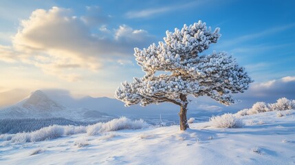 A solitary tree stands adorned with snow against a backdrop of mountains and a clear blue sky during winter sunrise