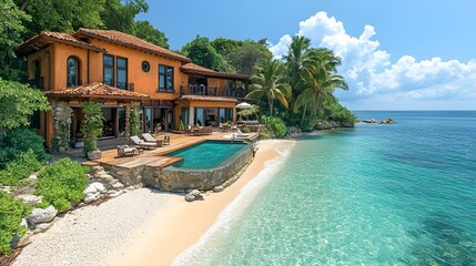 Obraz premium Beachfront Oasis with Private Dock Tranquil Waterfront Property for Luxury Coastal Living