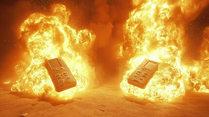 Two handheld gaming devices are surrounded by roaring flames in a striking and intense display of fire and light