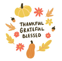 Thanksgiving greeting card template, thankful grateful blessed handwritten text in circle frame