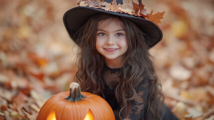 A young girl, possibly around the age of 5, dressed in a witch costume. She wears a large black witch hat adorned with autumn leaves. The girl has long, wavy brown hair and is smiling brightly.