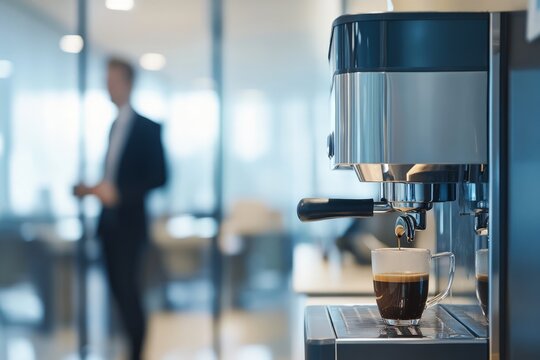 CCTV footage of a businessman using a coffee machine in an office space with intentionally blurry, soft focus capturing the scene