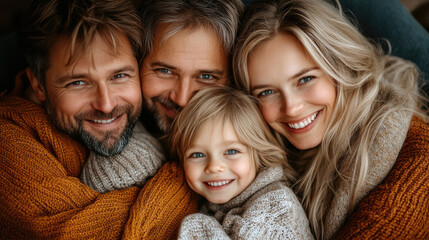 Four family members smile brightly while embracing each other, wrapped in knitted sweaters and exuding warmth and happiness in a cozy atmosphere