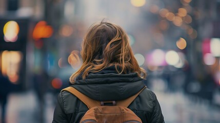 Fototapeta premium Woman with Backpack Walking in the City - Urban Lifestyle and Exploration