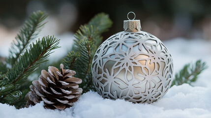 A serene winter scene. A silver, ornate Christmas ornament with intricate snowflake patterns rests on a bed of snow, positioned next to a pine cone and a few pine branches.