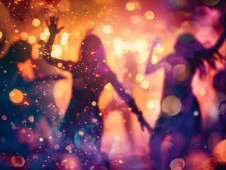 Dancing silhouettes create vibrant atmosphere filled with colorful lights and bokeh effects, capturing joy and energy of lively celebration