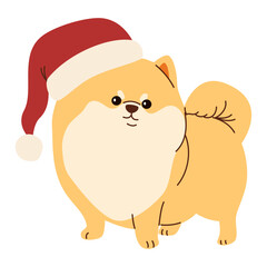 Flat vector illustration in children's style. Cute spitz in santa claus hat. Christmas illustration. Vector illustration